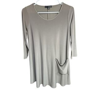 SUN KIM Taupe Slinky Knit Tunic 3/4 Sleeve Zipper Pocket Lagenlook Artsy XS